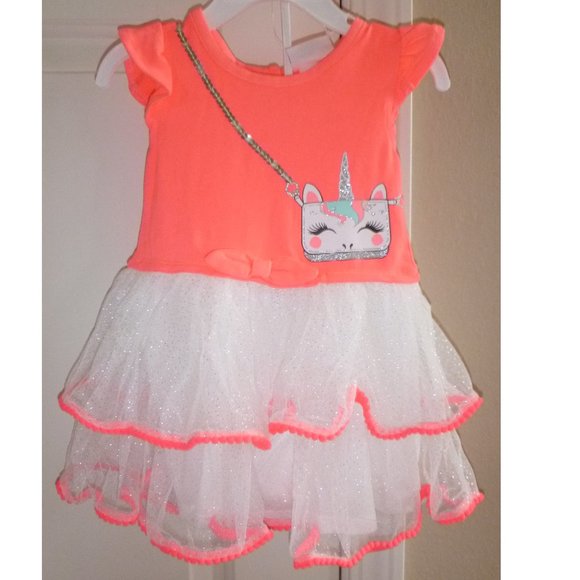 Baby Girls Little Lass Unicorn Tutu Dress Size 24 months NEON CORAL Tiered NWT - Picture 1 of 4